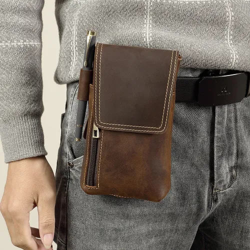 Genuine Leather Retro Magnetic Mobile Phone Waist Bag – Multifunctional Cowhide Pouch for Men